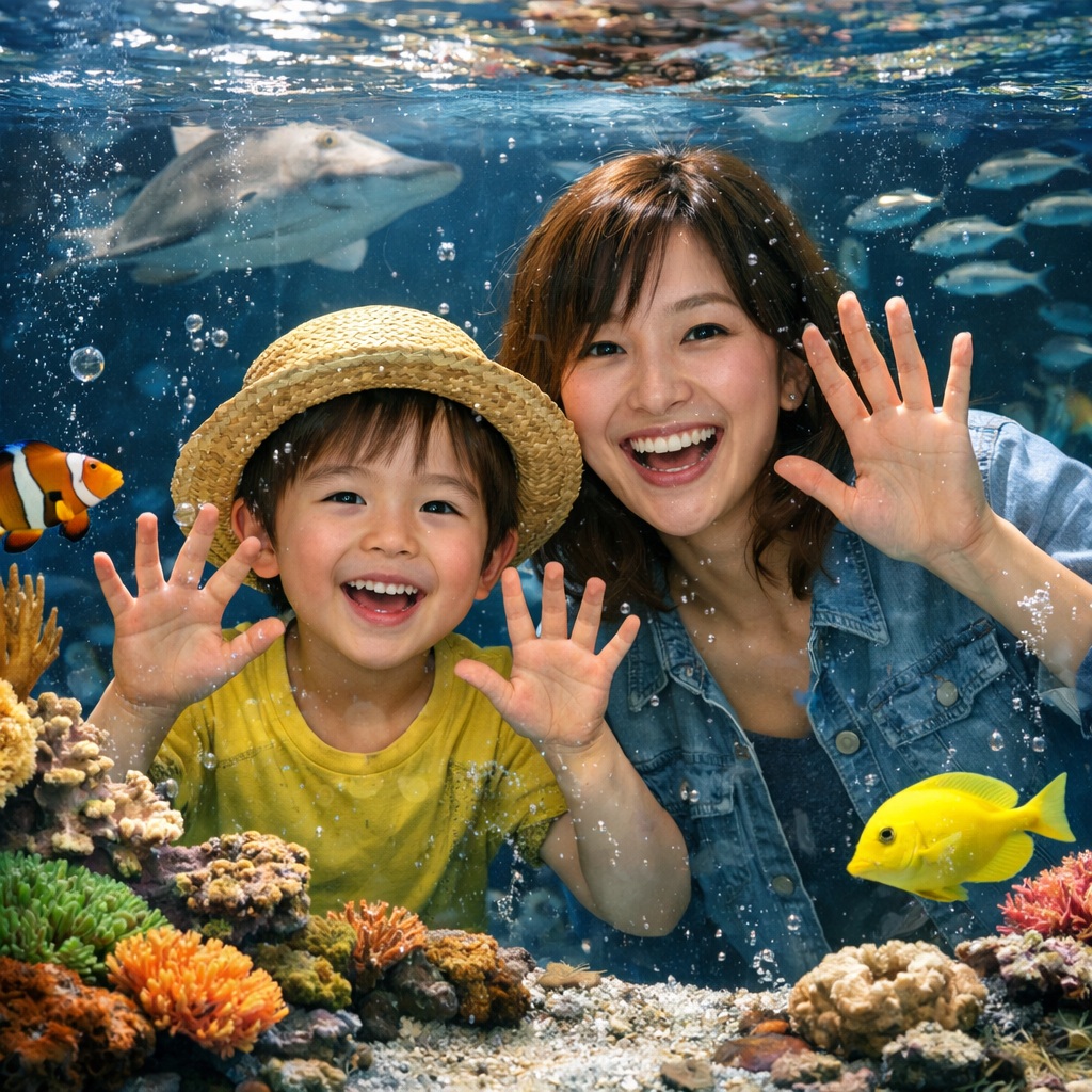 水槽を見ている親子